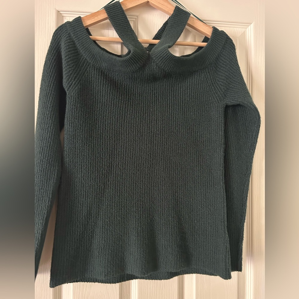 1. State dark green , cut-out shoulder sweater